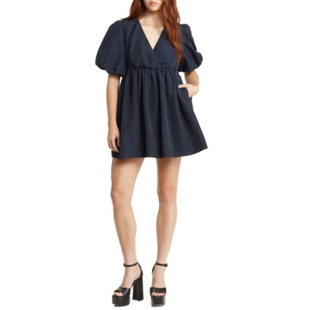 Open Edit Navy Blue Puff Sleeve Babydoll Mini Dress V-Neck Empire Waist M